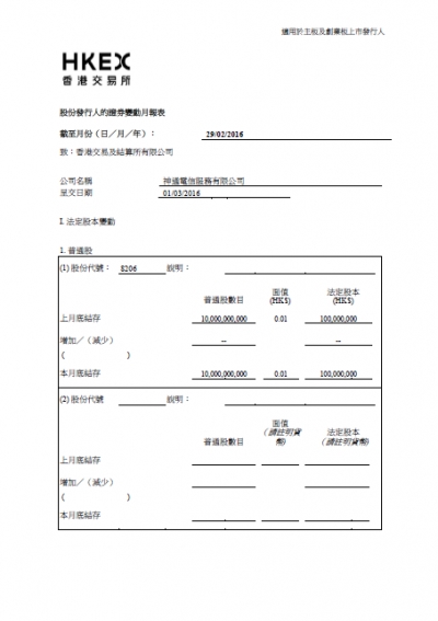 截至二零一六年二月二十九日止之股份發行人的證券變動月報表