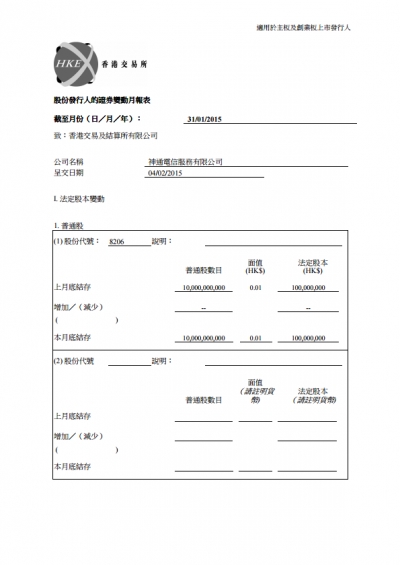 截至二零一五年一月三十一日止之股份發行人的證券變動月報表